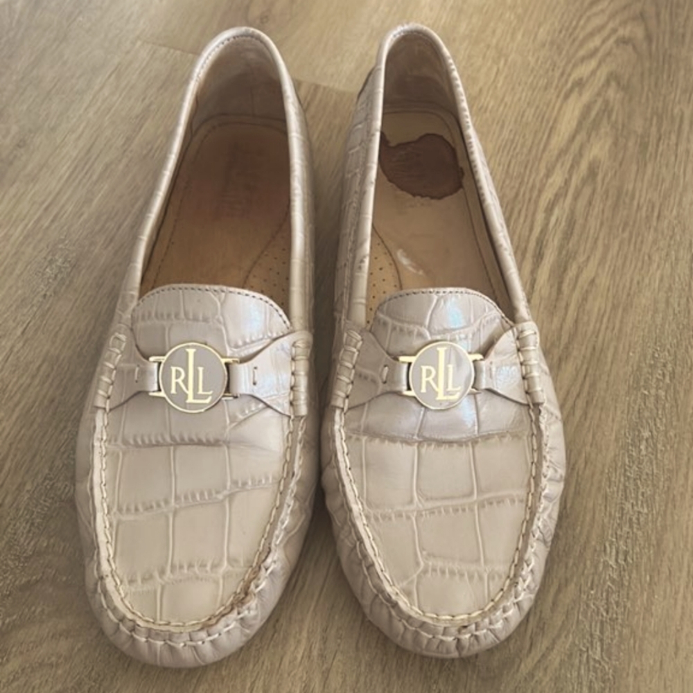 Ralph Lauren Carly Leather Alligator-Print Driving Shoes/Flats